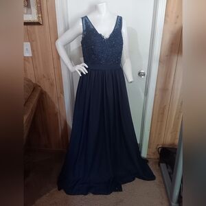 Elegant Navy Blue Evening Gown Corset Adjustable On Back Size 12